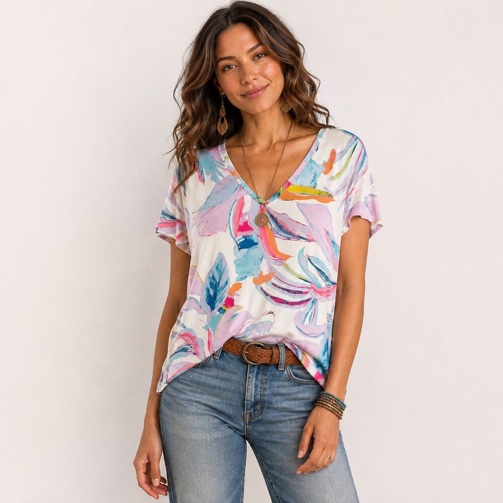 Soma Short Sleeve Top Women's Size S Vibrant Multicolor Tropical Leaves Coastal